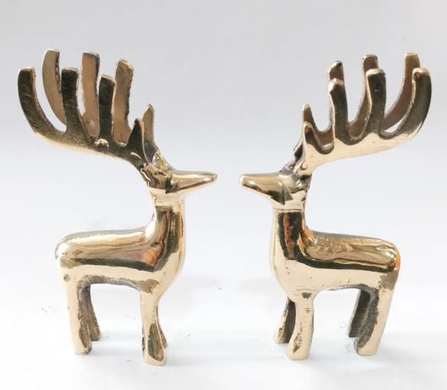 Money Vastu Fengshui Collection Brass Deer Pair Ethnic Design Handmade Statue for Home Decor Office Counter Unique Piece