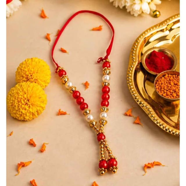 Red and Golden Beads Decorative God Idol Mala 11.5 inch