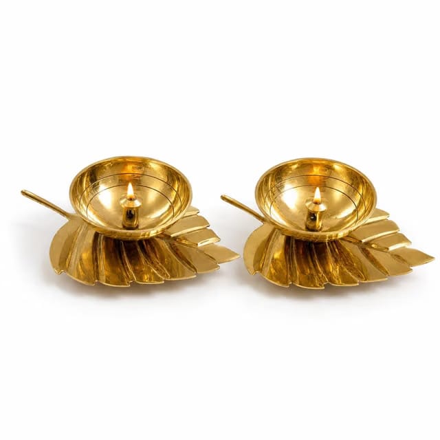 Kalakriti Golden Leaf Brass Diyas for Pooja Set of 2