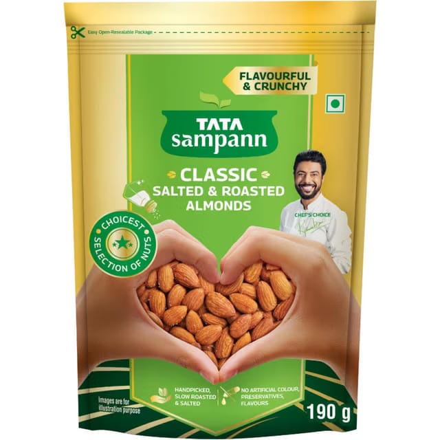 Tata Sampann Classic Salted & Roasted Almonds/Badam, Flavourful & Crunchy Snack, Handpicked