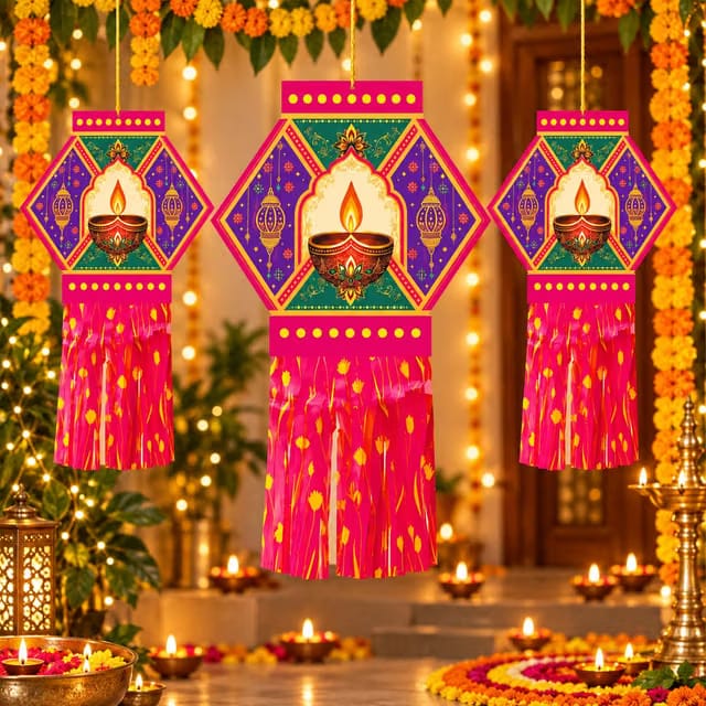Happy Diwali Kandil Ceiling Hanging Decoration Set of 10
