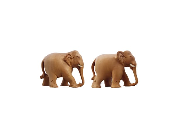 Natural Elephant Kadam Wood Pair Idol Statue Wooden Animal Figure for Home Décor Living Room or Shelf Decoration