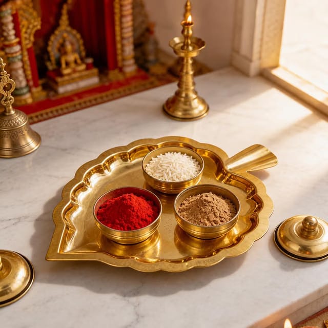 Pujashree Brass Leafy Pooja Thali with 3 Attached Bowls