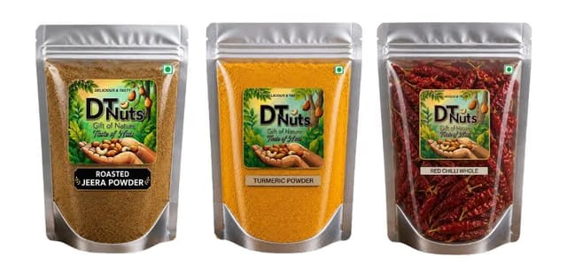 DT Nuts Roasted Cumin Powder, Turmeric Powder and Whole Red Chilli, 250g Each