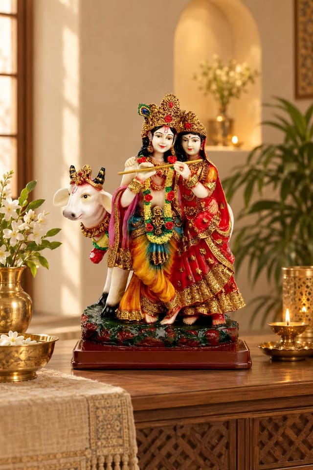 SN Handicrafts Polystone Radha Krishna Cow God Idol, Murti Figurine Religious Pooja Gift Items For Mandir