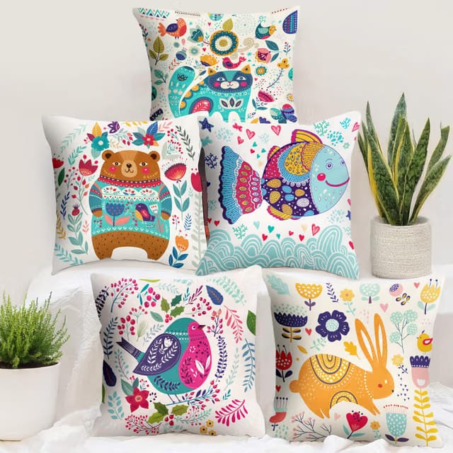 Story@Home Multicolor Cute Animal Cushion Cover Set of 5|16 x 16 Inch|Bear,Cat,Rabbit,Bird & Fish Digital Printed