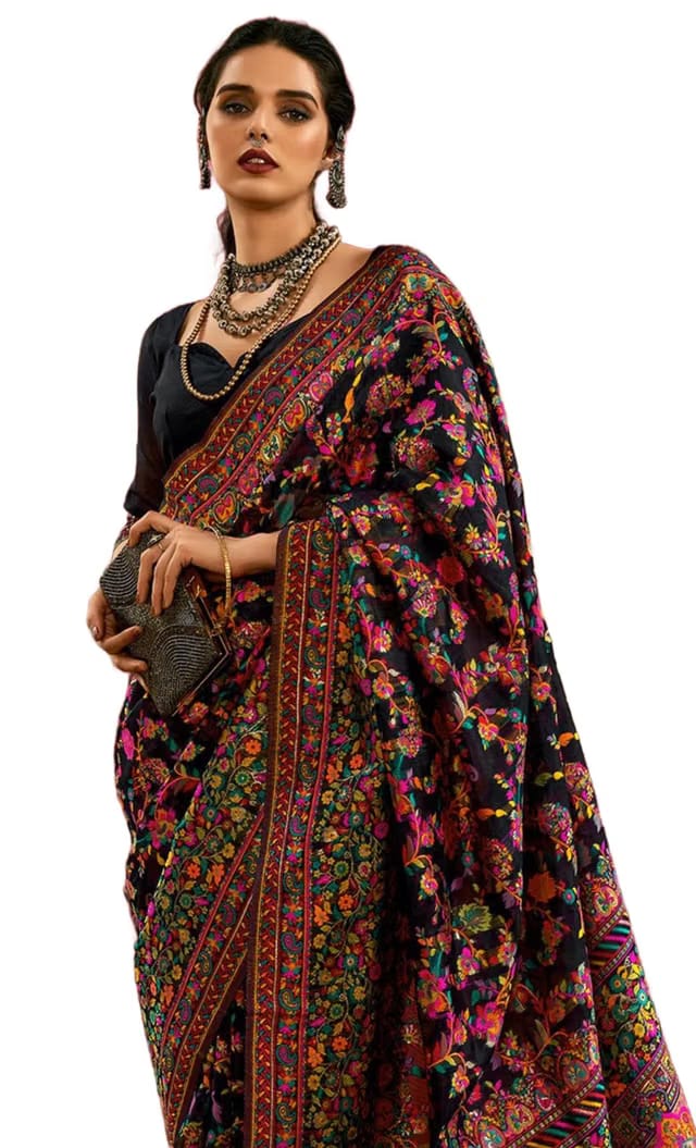 Women's Cotton Silk Kashmiri Minakari Jacquard Saree With Unstitched Blouse Piece