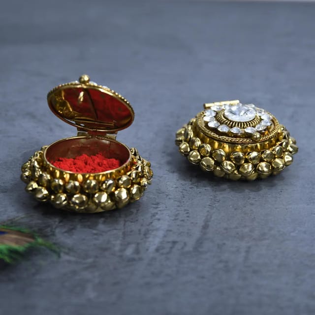 exquisite Gold Plated Kundan/Stone Studded Sindoor Daani with Ghunghroo Decorative Kumkum Box for Pooja, Wedding