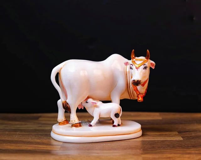 Calf Statue in Marble Dust, 9CM Holy Cow. Idol, Showpiece for Home Decor, Handmade Divine Cow.