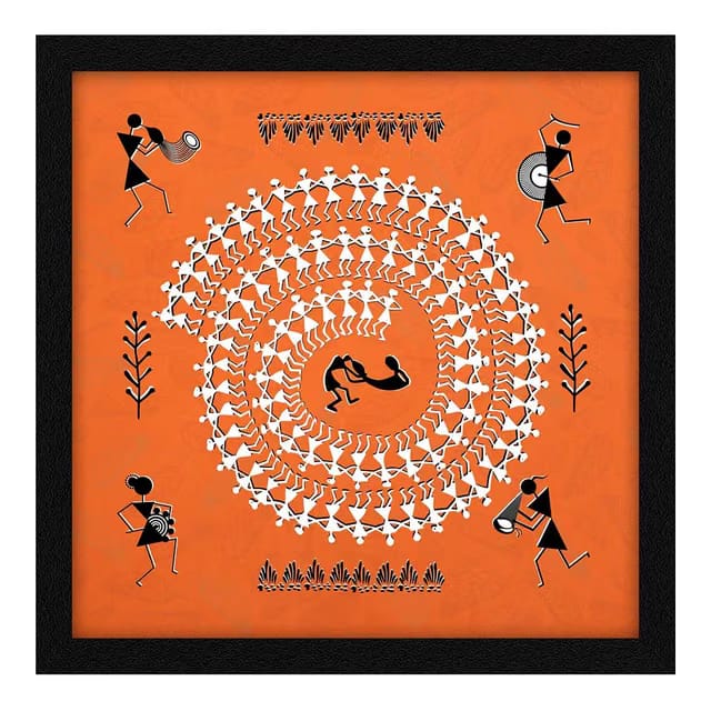 ArtX Paper Warli Indian Village Mandala Art Framed Wall Art Painting, Multicolor, Abstract, Set of 1 (13 x 13 Inches)