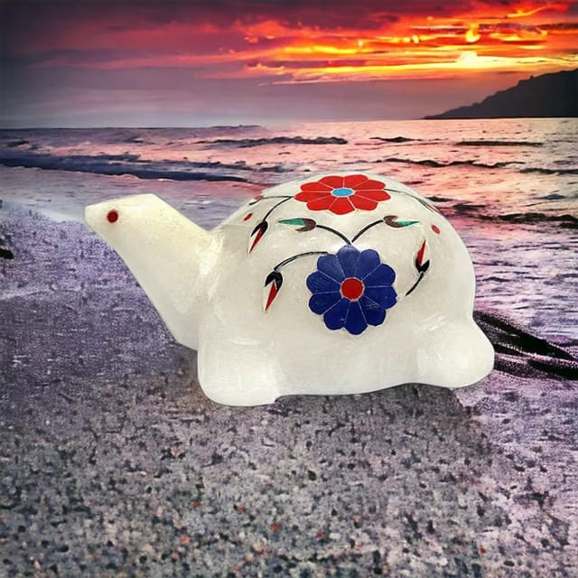Rare White Marble Carving Turtle Figurine Gemstone Inlay 3" L Decor Craft Gift