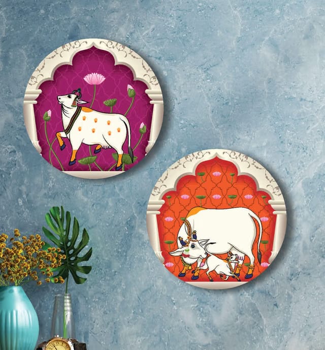 SAF Wood Round Shape Pichwai Cow Art Mdf Wall Painting For Living Room 12X12 Inch Lrb18-L2