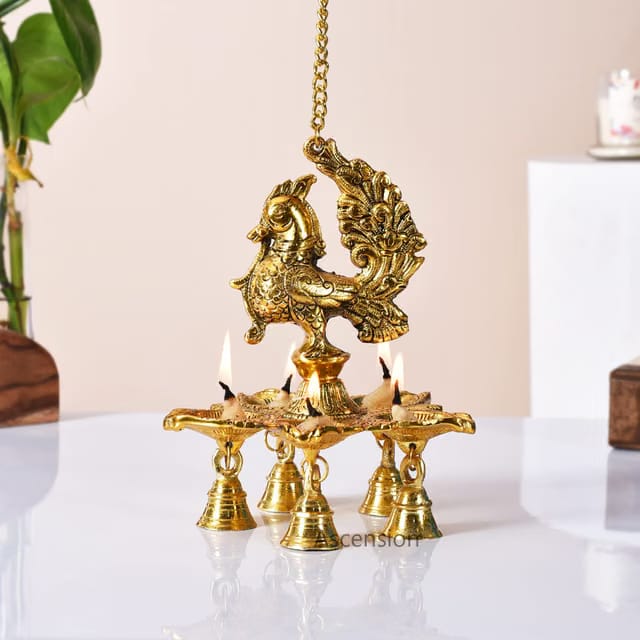 Antique Peacock Diya with Bells & Chain for Home, Temple Metal Hanging Diya for Diwali, Pooja Room, Home Decoration