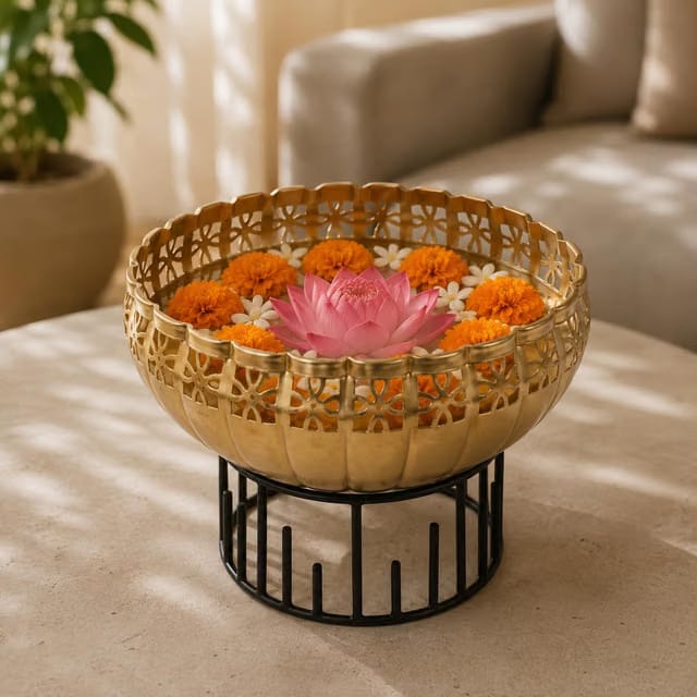 Two Moustaches 8 Inches Ethnic Design Decorative Metal Urli Bowl with Stand, Urli Bowl for Home Decor