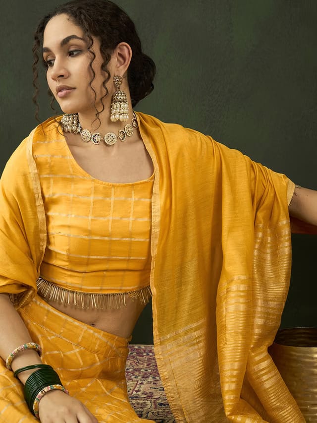 Yellow Woven Design Ready to Wear Lehenga With Choli & Dupatta