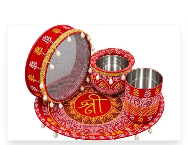 Traditional Bride Karwa Chauth Aipan Pooja Thali Set