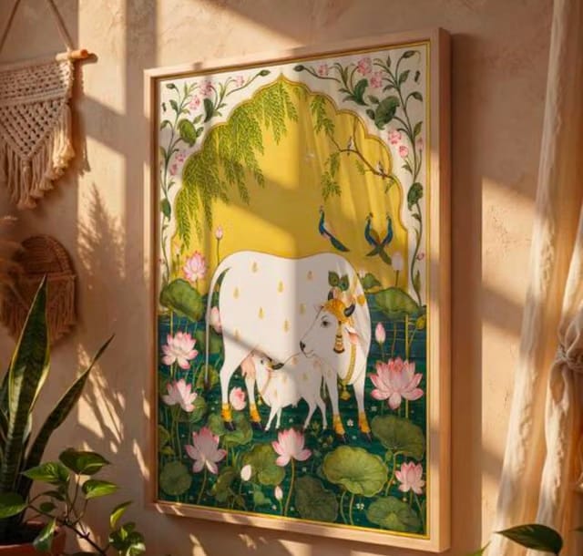Pichwai Style Cow and Calf Wall Art, A4 Size, Framed Painting for Home Décor