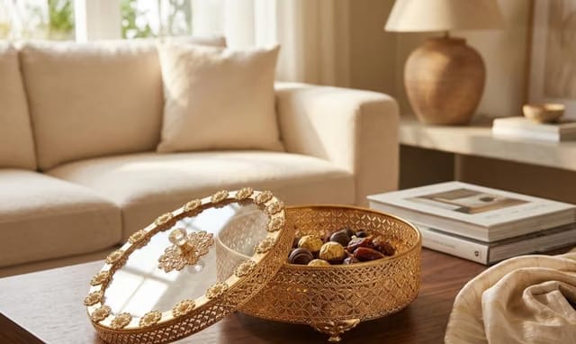 Elegant Gold Decorative Serving Box with Clear Lid & Crystal Knob – 8x8x4.5 Inch Luxury Round Dry Fruit, Candy