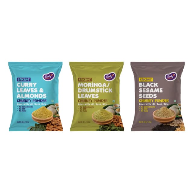 Early Foods - Trial Pack Combo of 3 Chutney Powders (Curry Leaves Almonds, Black Sesame & Moringa) 50g x 3