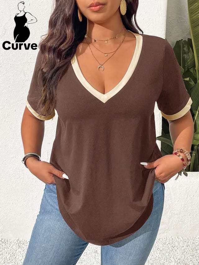Women's Plus Size Contrast Pullover T-Shirt