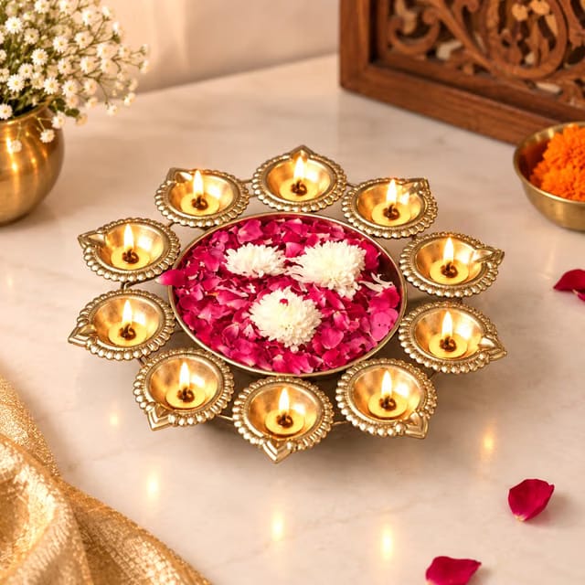 eCraftIndia Golden Metal Handcrafted Flower Decorative Urli with 10 Diyas