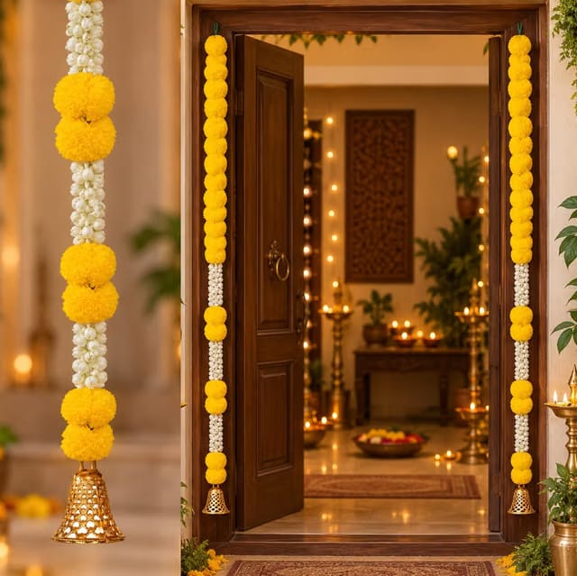 Craftox Decora Handmade Artificial Fluffy Marigold with Jasmine Flower Garland with a Golden Bell at The Bottom Used for
