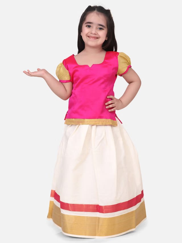 Girls Pink & White Solid Ready to Wear Pattu Pavadai