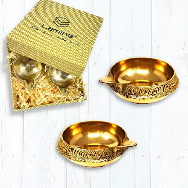 Lamina Brass Diya for Puja (Small 5.8 cm, Golden Color) – Set of 2 Pital Kuber Deep Vilakku for Daily/Festive Worship