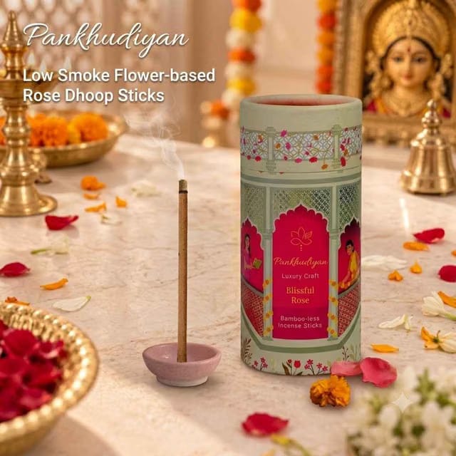 Rose Flower-based Low Smoke Bambooless Dhoopsticks (Sticks + Ceramic Holder)