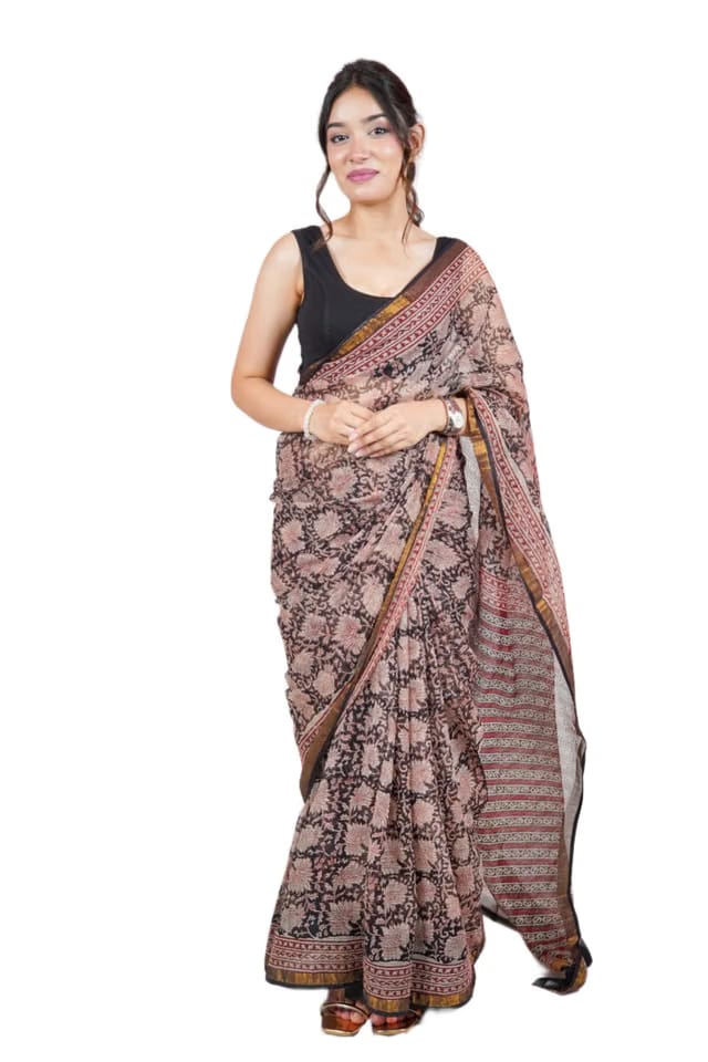 Floral Noir- Dabu Printed Pure Cotton Kota Doria Saree, Designer Wear, Trendy Wear, Pure Fabric, Fall Pico Done