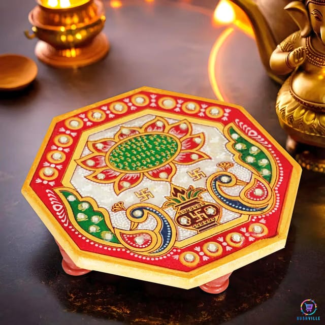 Rushville Traditional Octangol Design 4 x 4 Inch Marble Chowki with Floral Inlay Work for Pooja and Home Decor