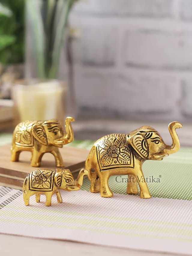 CraftVatika Set of 3 Metal Trunk Up Elephant Family Statue Showpiece Figurine -Fengshui Vastu Lucky