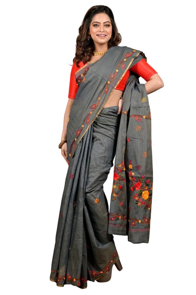 Traditional Bengali Kantha Stitch Saree, Pure Cotton, Handloom Woven, Floral Embroidery