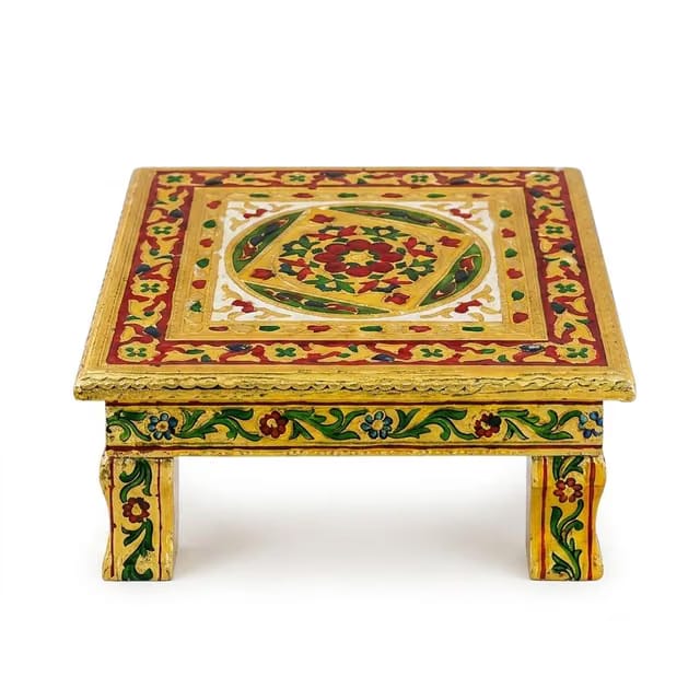 Printed Meenakari Wooden Pooja Chowki (10 x 10 Inch)