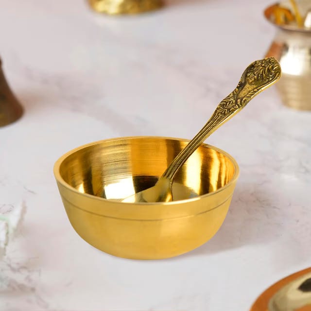 Premium Pure Brass Pooja Katori with Spoon (Bowl : Diameter – 7 cm, Weight