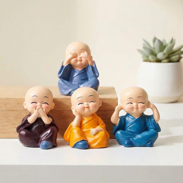Cute Baby Monk 4 Buddha Statues, Unique Fengshui Gift Car Dashboard Office Home Decorative Showpiece - 5 cm (Polyresin