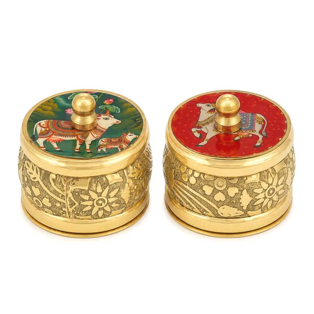 Pichwai Sindoor Box Set of 2 – Handcrafted Brass Kumkum Dibbi with Decorative Lid, Traditional Kumkum Holder for Pooja