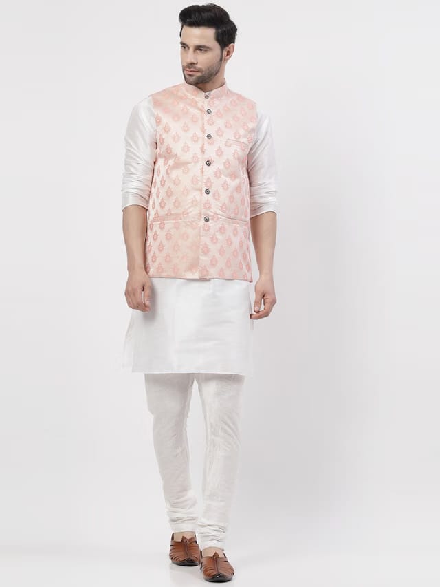 Mandarin Collar Dupion Silk Kurta With Churidar With Nehru Jacket