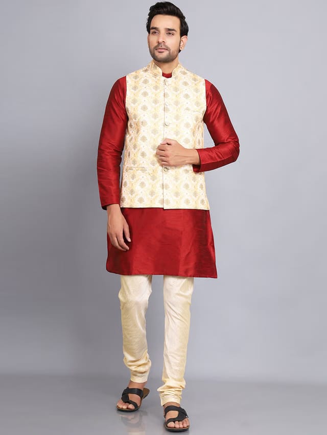 Mandarin Collar Dupion Silk Kurta And Churidar With Nehru Jacket Set