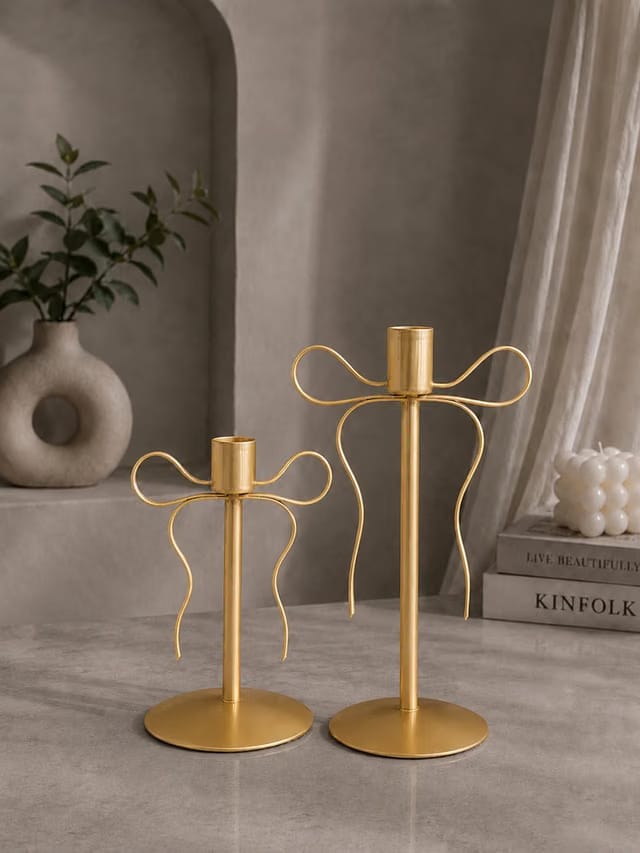 Premium Golden Bow Knot Metal Candle Stand Set of 2