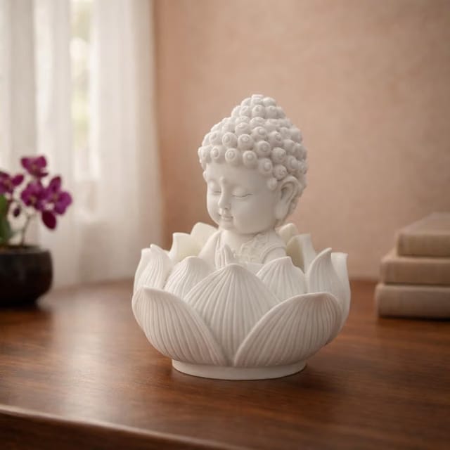 RIANZ® Premium Matte White Buddha Idol in Lotus Base, Detachable Meditating Baby Buddha Statue for Car Dashboard