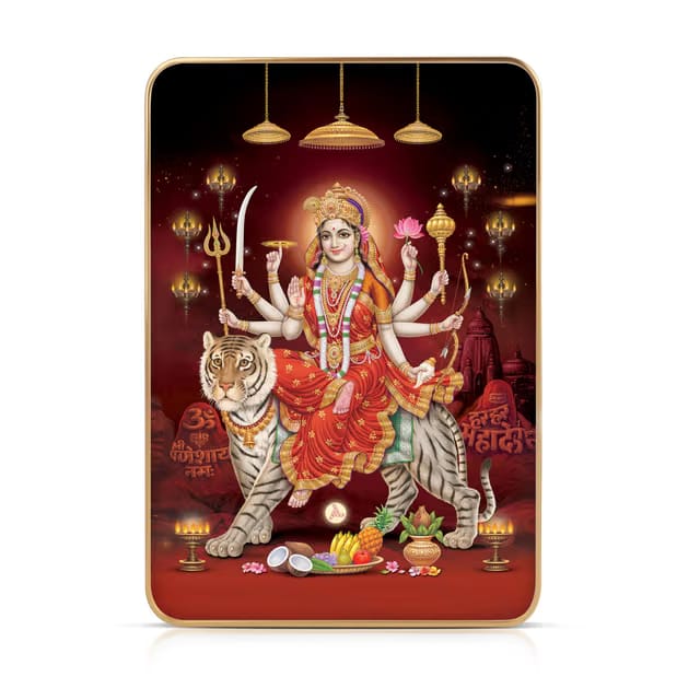 Maa Durga Photo Frame 6x8 Inches Crystal Glossy UV Printed Goddess Durga Riding Tiger with Trishul Sword for Mandir Home