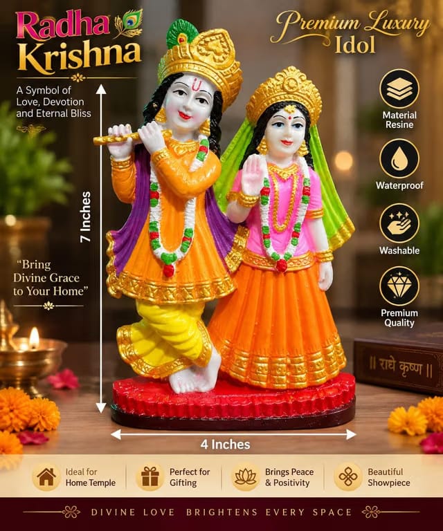 God Radha Krishna Idol Statue 7 Inch, Polyresin Finish Radha Krishna Murti for Home Temple, Pooja Room