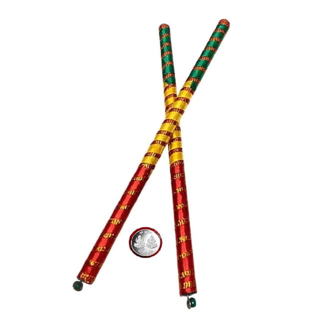 (Pack of 1 Pair) Kids/Baby Navratri Wooden Rajwadi Dandiya Sticks with Silver Color Coin for Dance