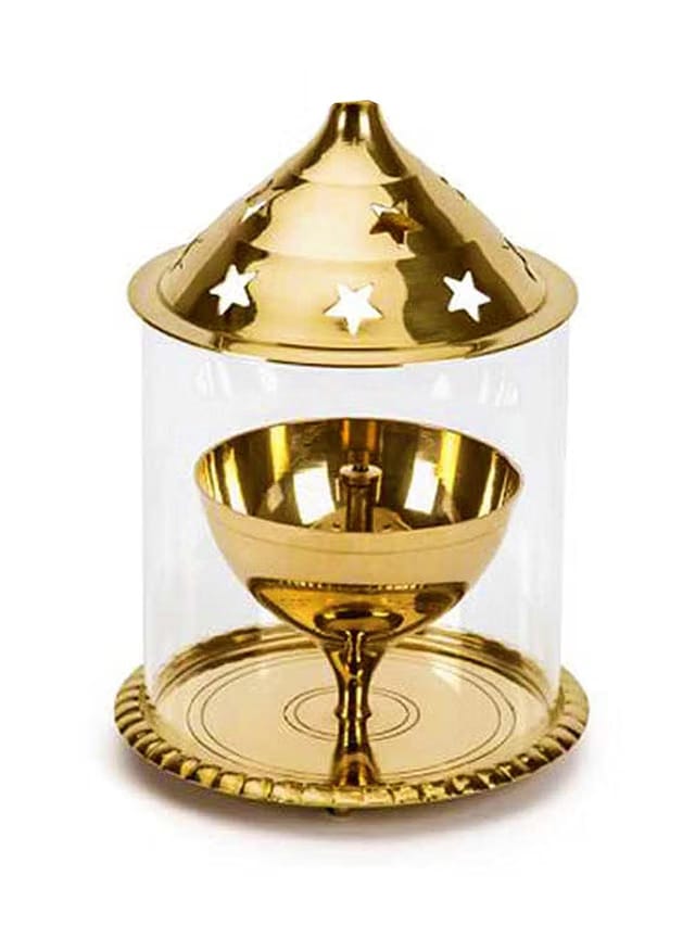 Small Size Brass Akhand Diya for Puja , 4 Inch Decorative Lamp with Borosilicate Glass