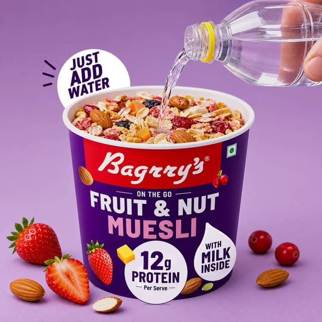 Bagrry's On-the-Go Fruit & Nut Cup Muesli- With 12g Protein and Milk Inside, Ready to Eat