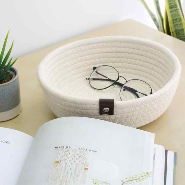 BOBBINY Handwoven Natural Jute And Round Cotton Storage Baskets - Home, Kitchen, And Office Organization (Small