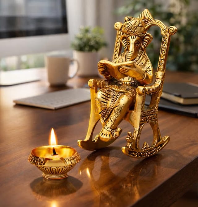CHHARIYA CRAFTS Metal Lord Ganesh Reading Ramayana Statue Ganpati Sitting on Chair with Kuber Diya Idol for Home Office