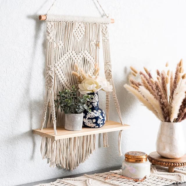 Macrame Indoor Wall Hanging Floating Shelves for Wall Decor With Real Pine Wood Dowel Hand Woven Bohemian Decor for