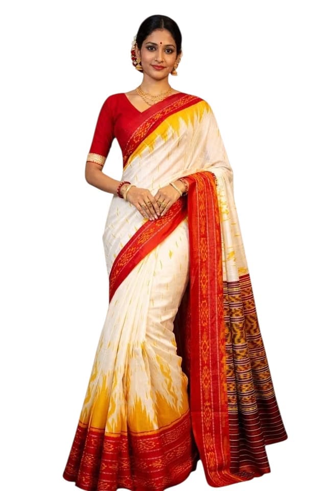Soft Sambalpuri Tussar Ikkat Cotton Silk Saree, White and Red, Traditional Printed, for Wedding Party